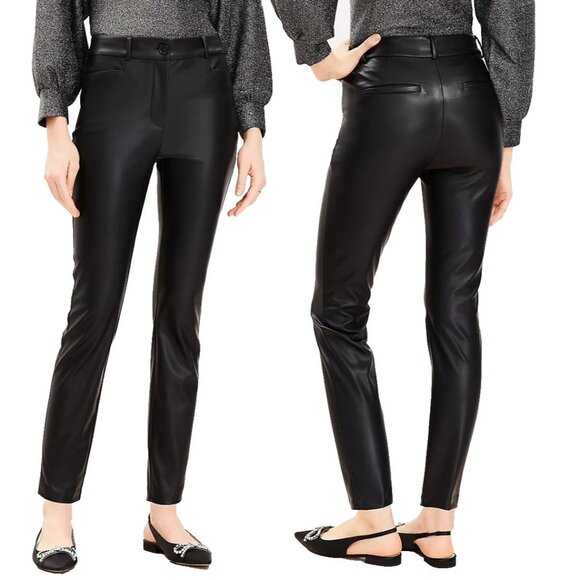 LOFT Faux Imitation Leather Sutton Skinny Pants Size 6P Petite Black Ankle - Picture 1 of 10